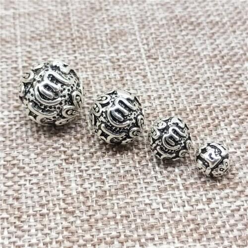 925 Sterling Silver Om mani padme hum Round Ball Beads for Buddhist Buddhism Bracelet Necklace 6mm 8mm 10mm 12mm
