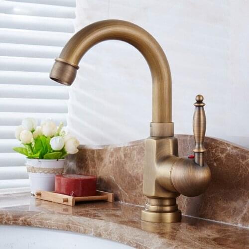 Antique Brass Kitchen Faucet Hot & Cold Mixer Tap Bronze Finish Brass Basin Solid Brass Faucet Single Handle Single Hole Faucet