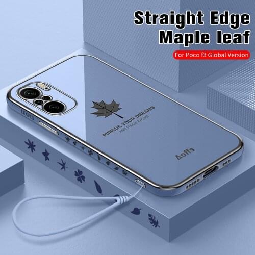 For Xiaomi Poco F3 Case Camera Shockproof Plating Cover Xiomi Mi PocoF3 PocoPhone F 3 Maple Leaf Patten Coque With Lanyard Rope