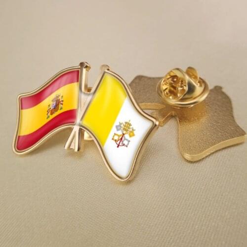 Spain and Vatican City State Crossed Double Friendship Flags Lapel Pins Brooch Badges