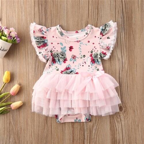 0-24M Newly Summer Infant Baby Girls Cute Sweet Rompers Flowers Print Ruffles Short Sleeve Lace Jumpsuits Clothes 2 Colors