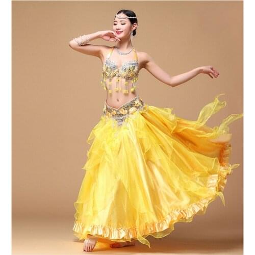 2018 Performance Belly Dance Costume Outfit Plus Size Cup C/d 3pcs Bra Belt Skirt Long Oriental Beaded Belly Dance Costume