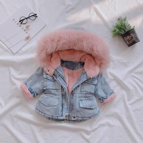 Baby Girls Jacket Coats Warm Girls Fur Collar Jackets For Winter Autumn Kids Clothes Plus Velvet Thick Denim Children Outerwear