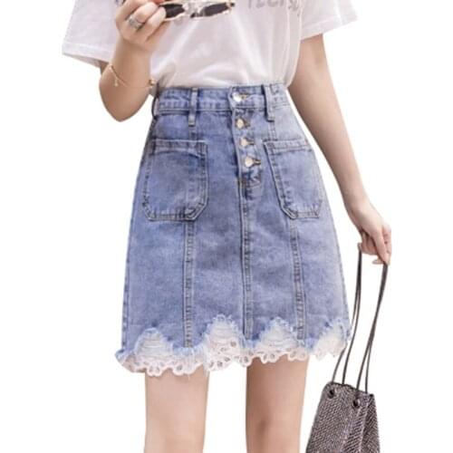 Summer Korea Lace Stitching Denim Skirt Ladies Fashion Chic High Waist Slim Women Jeans Skirts Vintage A-Line Denim Skirt AH169