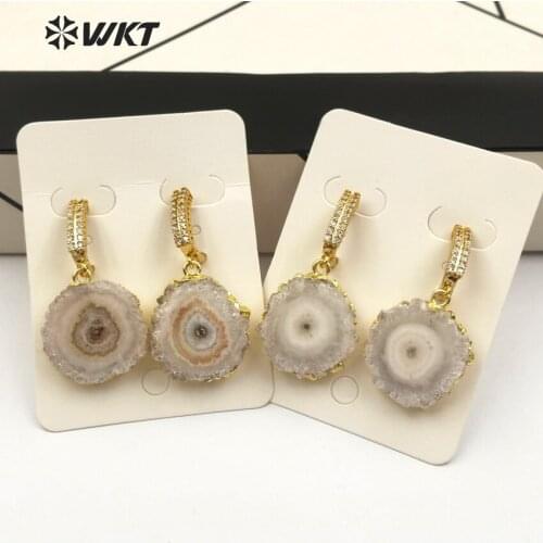 WT-E477 WKT New fashion natural transparent quartz round earrings metal wrapped exquisite ladies earrings