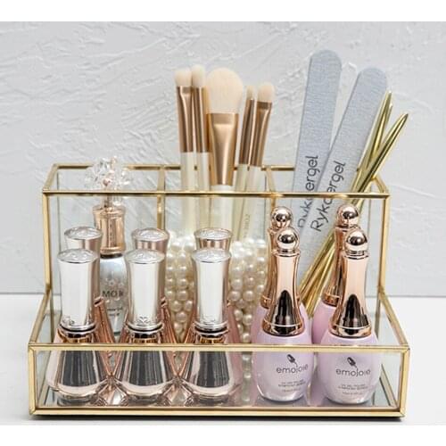 Makeup Organizer Bathroom Clear Glass Cosmetic Brush Holder Eyebrow Pencil Stand 4 Rooms Makeup Desktop Box Storage Case Tool