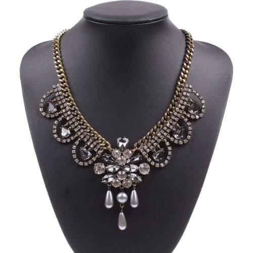 Fashion New Crystal Rhinestone Teardrop Simulated Pearl Necklace Pendant Bib Necklace for Women Florate Brand Jewelry