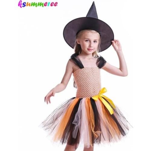 Evil Witch Halloween Tutu Dress With Hat Baby Girls Orange and Black Tulle Clothing Kids Cosplay Christmas Carnival Party Dress