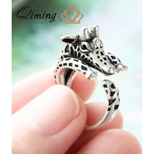 QIMING Antique fashion Animal Rings For Women Girls Cute 3D Solid Giraffe Pendant Brass Color Retro Open Midi Ring Dropshipping