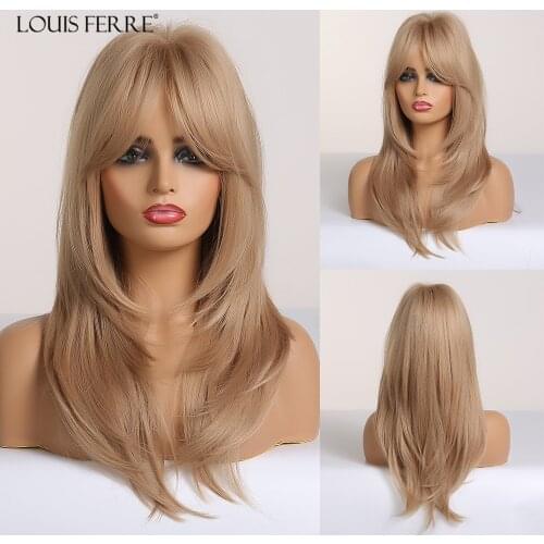 LOUIS FERRE Synthetic Golden Blonde Hair Wig for Women Long Straight Wig with Bangs Natural Looking Party High-Temperature Wig