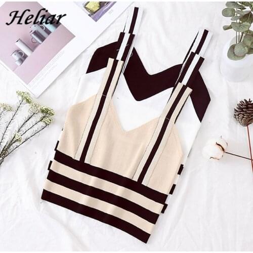 HELIAR Female Knitting Chic Crop Top Sexy Striped Spaghetti Halter Top Black Crop Top 2020 Summer Cotton Woman Crop Tops