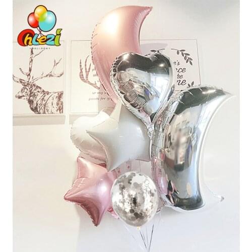 9pcs Big Moon Gold silver pink Foil balloon 18 inch heart star Helium Globos birthday party wedding Decorate Confetti balloons