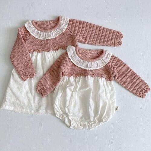 Newborn Baby Girls Knitting Splicing Jumpsuit Autumn Winter Toddler Baby Girl Knitting Long Sleeve Princess Sisters Dress
