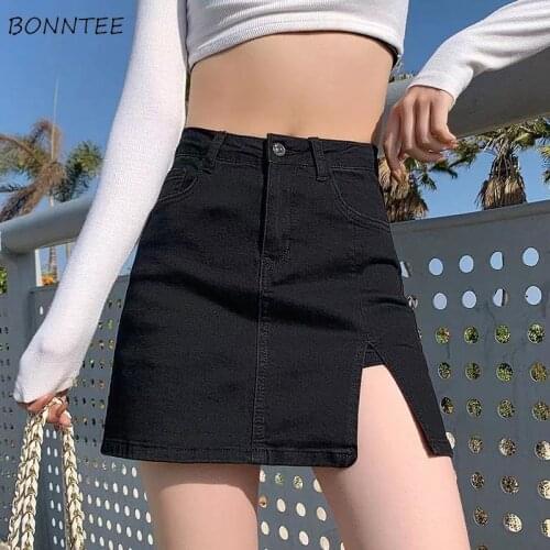 Skirts Women Denim 4 Colors New 2021 Summer Fashion Split Lined Ins Streetwear Above Knee BF Cool Empire Ladies Hot Sale Bottoms