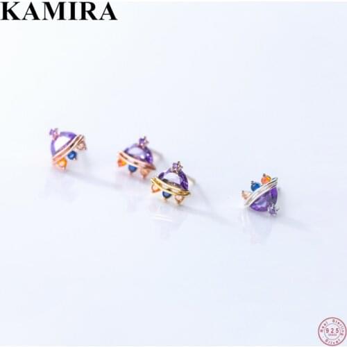 KAMIRA Real 925 Sterling Silver Trendy Lovely Spaceship Rainbow Zircon Stud Earrings for Women Birthday Charms Jewelry Gift 2021