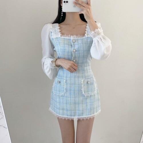 Summer New Womens Lace Square Collar Plaid Pearl Button Shirt Tops And Tweed Mini Skirt 2021 Korea Fashion Two Piece Sets
