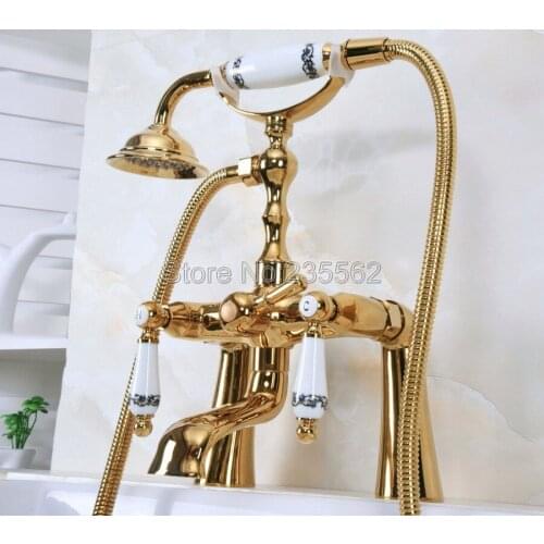Golden Brass Deck Mount Clawfoot Bathroom Tub Faucet Hand Shower Mixer lna143