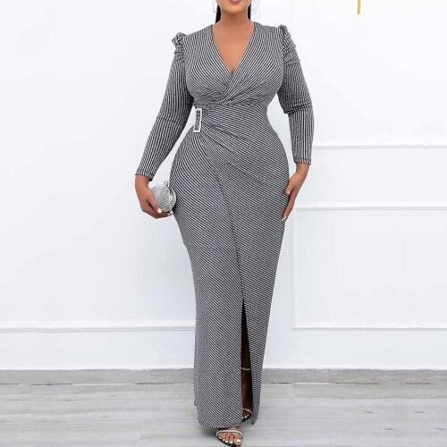 Elegant Striped Long Dress Office Lady OL Work Wear Vintage Puff Long Sleeve Autumn Maxi Slit Dresses For Women Sexy V Neck