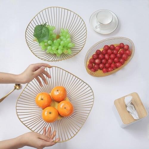 Living room home European metal square fruit tray wrought iron hollow irregular fruit basket golden storage tray