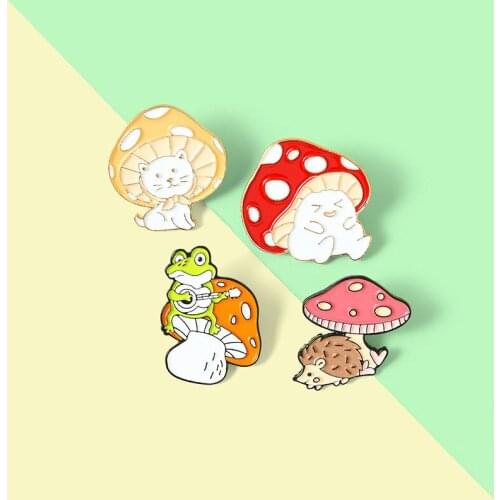Interesting Mushroom Enamel Pin Custom Cat Frog Hedgehog Brooches Lapel Bag Cartoon Cute Animal Badge Jewelry Gift for Kids