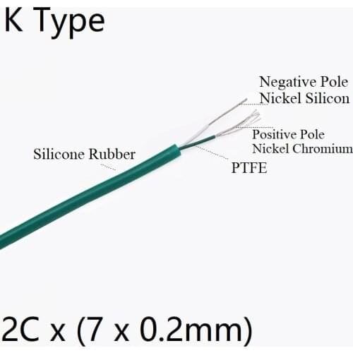 K Type Thermocouple Wire 2Cores OD 3.5mm PTFE Insulated Soft Silicone Rubber Protector Waterproof Compensation Cable Green
