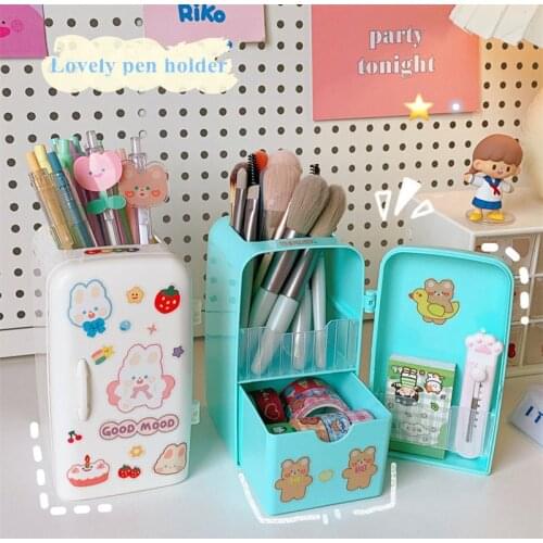 Kawaii Refrigerator Pen Holder With 1PC DIY Sticker Desktop Makeups Pencil Pens Storage Box Creative School Stationery