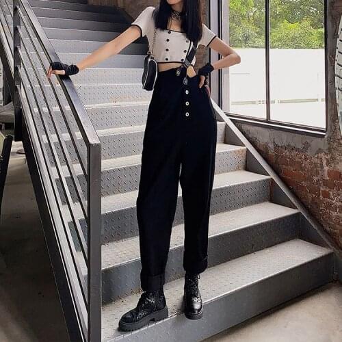 Harajuku Jumpsuit Womens Button Single Elastic Bib Pants Women Casual Streetwear Hip-Hop Cool Ulzzang Wild Chic
