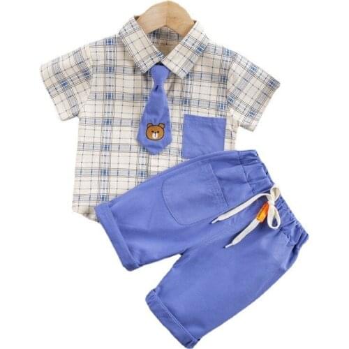 Summer Baby Fashion Clothes Children Boys Girls Lattice Shirt Shorts 2Pcs/sets Kids Infant Clothing Toddler Cartoon Tracksuit