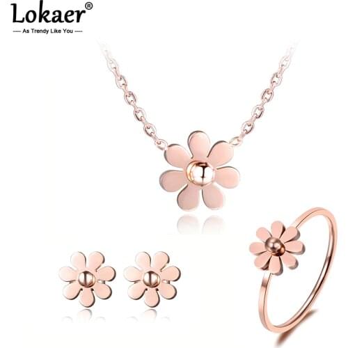 Lokaer Stainless Steel Dazzling Daisy Flower Choker Neckalce Earrings Rings Jewelry Sets Rose Gold Color Lovely For Women SE003