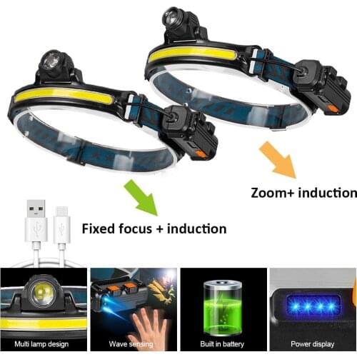 Induction Headlamp XPG+COB LED Sensor Head Lamp with Built-in 18650 Battery Flashlight USB Rechargeable Head Torch Head Light