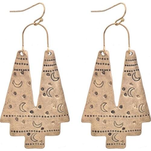 2020 new ethnic style moon harmmed vintage tower shape alloy drop earrings for women