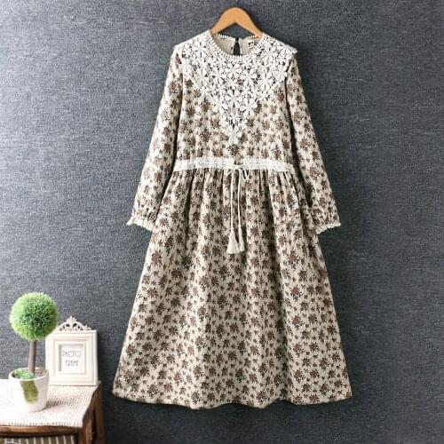 New Spring dress fresh lace splicing long sleeve dress cotton linen dress casual print dress