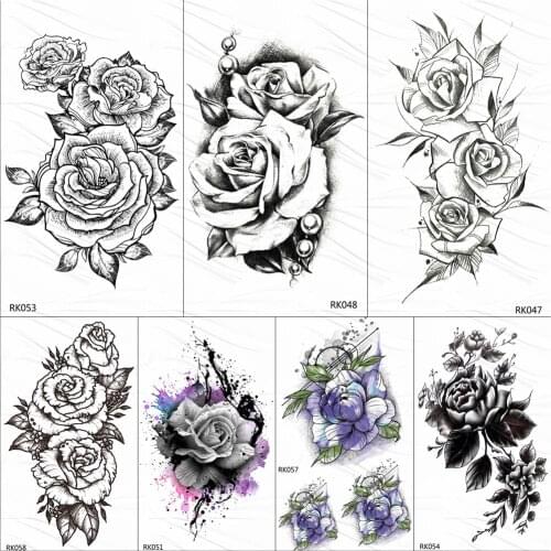 OMMGO Rose Flower Leaf Temporary Tattoos Sticker Black Camellia Custom Tattoo Pearl Body Art Arm Fake Tatoos Black Women Girl