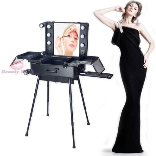 Professional Large capacity lighted makeup station, Aluminum beauty makeup trolley train case with lights