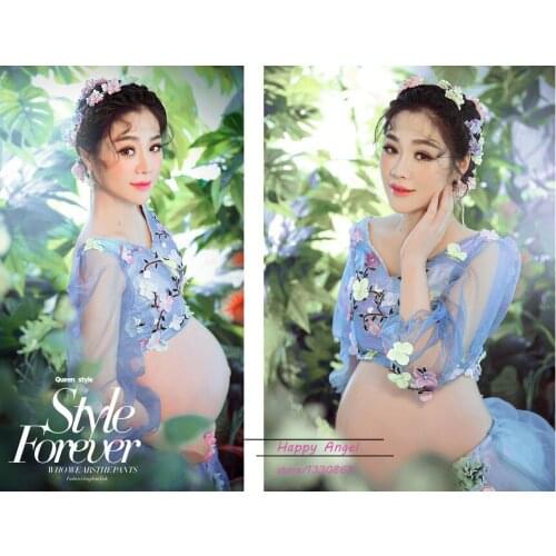 Maternity Photography Props Long Lace Colorful Flower Magic Fairy Romantic Cute Dress Pregnant Fancy Photo Shoot free shipping