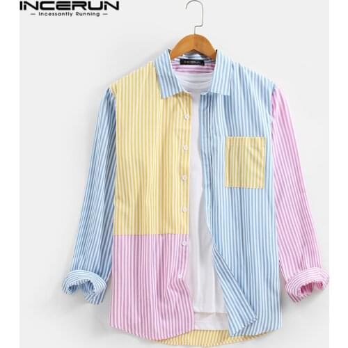 Men Patchwork Shirts Long Sleeve Lapel Camisa Leisure Striped Colorful Pockets Chemise Man Loose Buttons Blusas S-3XL INCERUN 7