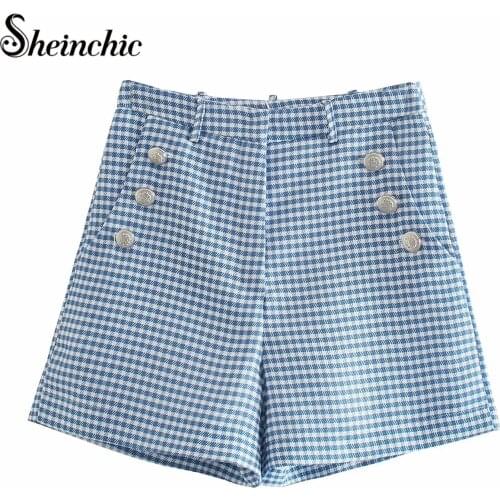 Korean Fashion Blue Plaid Shorts Women 2021 Summer Loose Casual High Waist Short Femme Clothing
