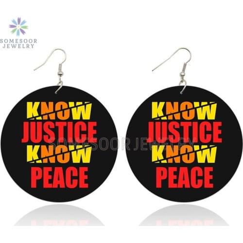 SOMESOOR No Justice No Peace Powerful Sayings African Wood Drop Earrings Black Lives Matter Design Dangle Jewelry For Women Gift