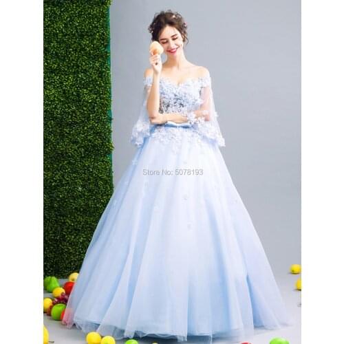 N213 sky-blue sweetheart off the shoulder A-line floor-length tulle evening dresses/party gowns appliques&beaded free shipping