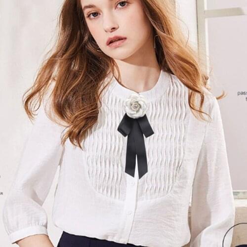 Women Handmade Rhinestone Wool Dots Camellia Long Ribbon Bow Knot Brooch Pin Cardigan Collar Banquet Wedding Party Accessories