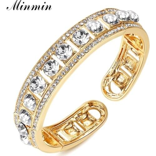 Minmin Gold Silver Color Crystal Bangle for Women Luxury Wedding Prom Jewelry Adjustable Bracelet Bangle Gifts for Bride MSL422