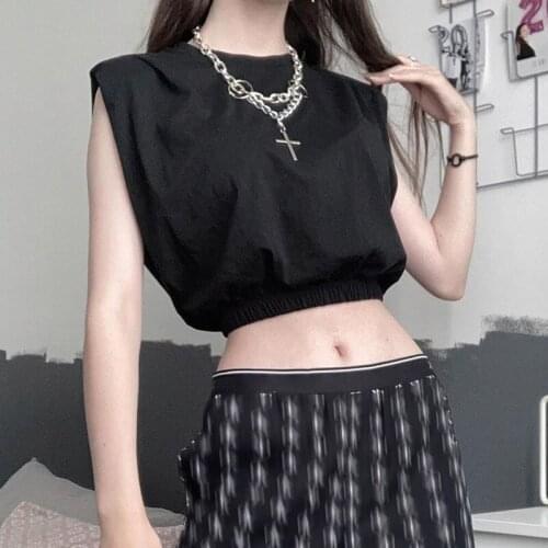 Women Summer Sleeveless Crop Top Solid Black O Neck Casual Elastic Waist T-Shirt Short Slim Vest Club Streetwear