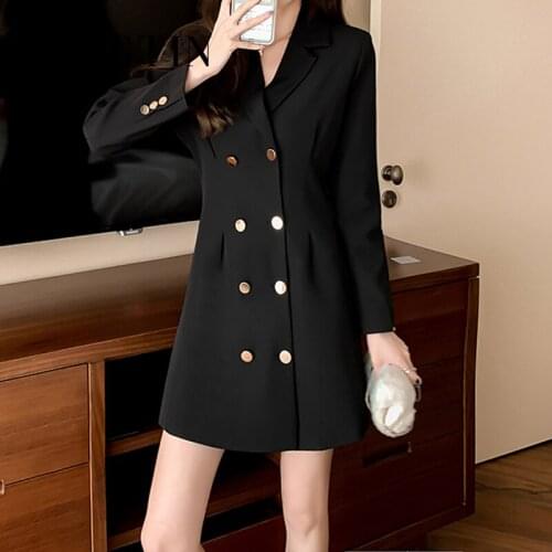 Sungtin Korea Office Lady Mini Blazer Dress Women Loose Double Breasted Dresses Long Sleeve Black Suit Vestidos Mujer Plus Size