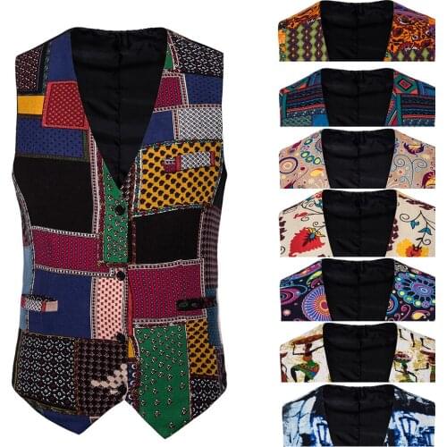 2020 Fashion Floral Printed Mens Vests Plus Size Linen Waistcoat for Men Casual African Suit Vest with Floral Printed Pants Set