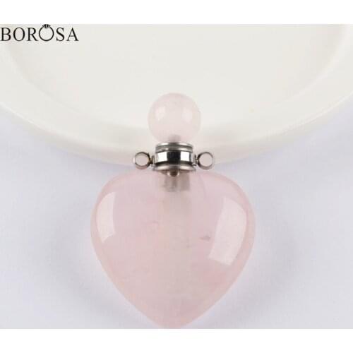 BOROSA Lovely Heart Rose Quartzs Essential Oil Diffuser Natural Crystal Heart Connector Pendant for Necklace Jewelry WX1328