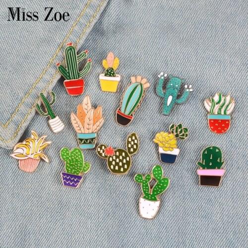 14Styles Potted Plant Rainbow Enamel Pins Custom Cactus Cat Brooches Backpack Shirt Lapel Pin Badge Fashion Cartoon Jewelry Kids