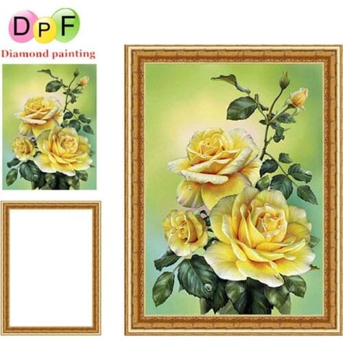 DPF Yellow peony Diamond painting Cross Stitch Round full Mosaic have Frame Diamond Embroidery needlework decor crafts picture