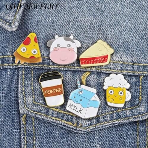 Pizza Enamel Pin Coffee Brooches Food Badges Beer Milk Cake Cow Jewelry Hat Bag Accessories Women Girl Jewelry Wholesale