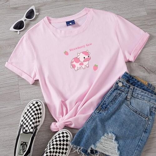 Strawberry Cow Cute Cartoon Sweet Girl Pink Graphic Summer Cotton Loose Fit T-Shirt Top Aesthetic Kawaii Casual Women T Shirt