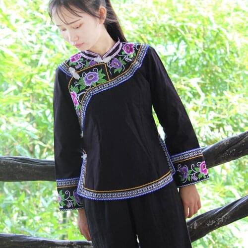 Chinese folk shirt Long sleeve tops Embroidery Ethnic BUYI Women Blouse